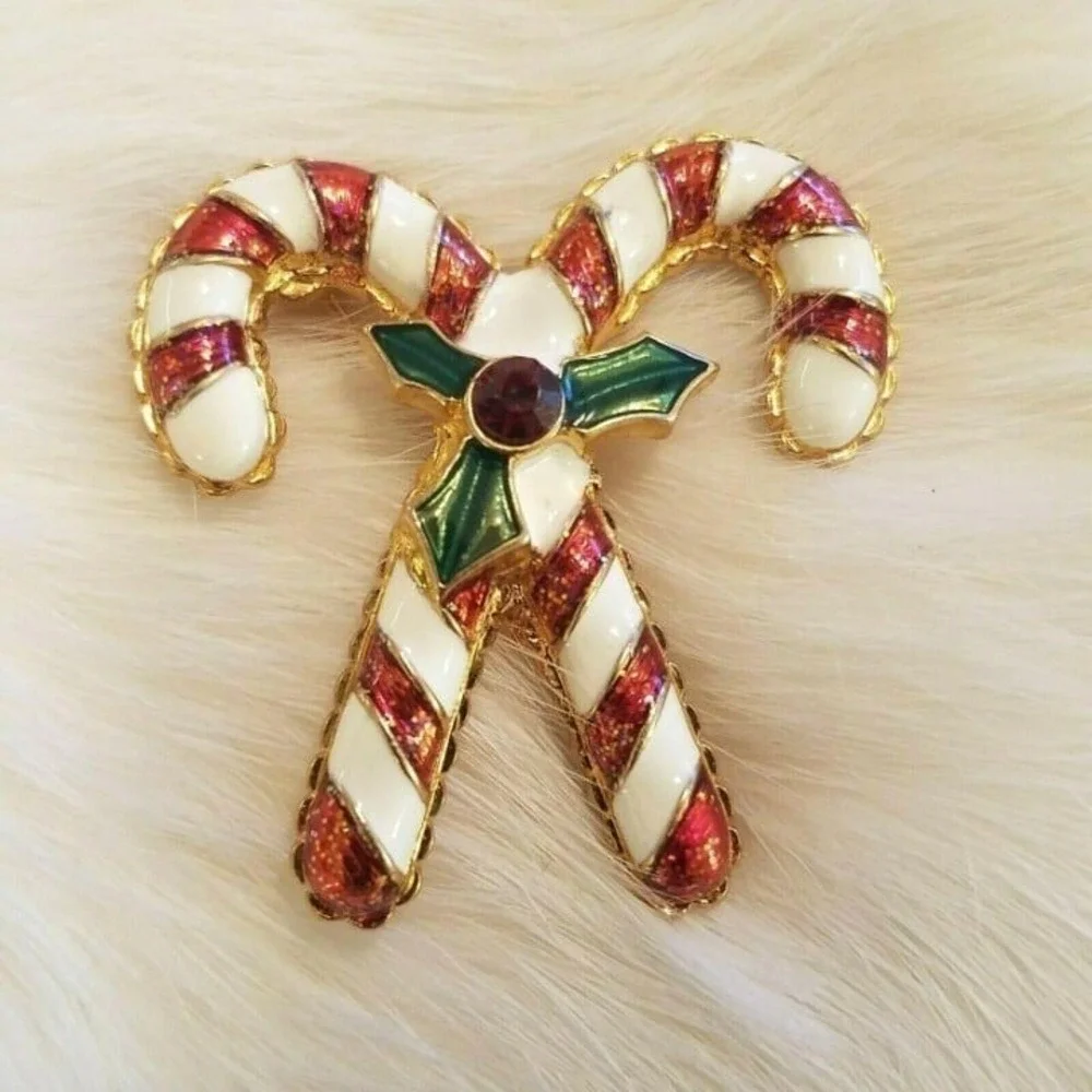 Vintage Christopher Radko Candy Cane Pin Christmas Rhinestone Enamel Signed 4925
